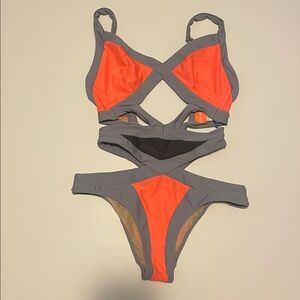 Les Canebiers Saint Tropez Italian Bikini cut out neon orange and gray XL NWT